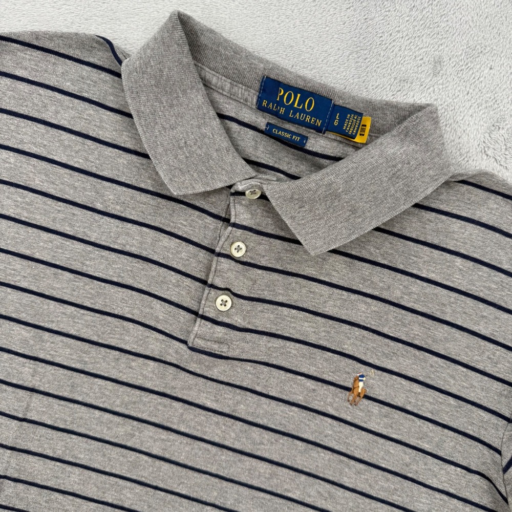 Polo‎ Ralph Lauren Mens Classic Fit Striped Polo Shirt Gray Navy Size L G